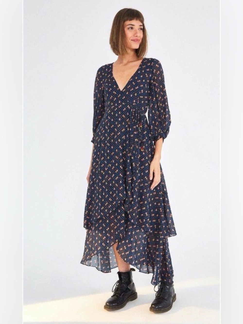FARM Rio Mini Cashew Wrap Dress XS Blue Ruffle Beaded Tassel